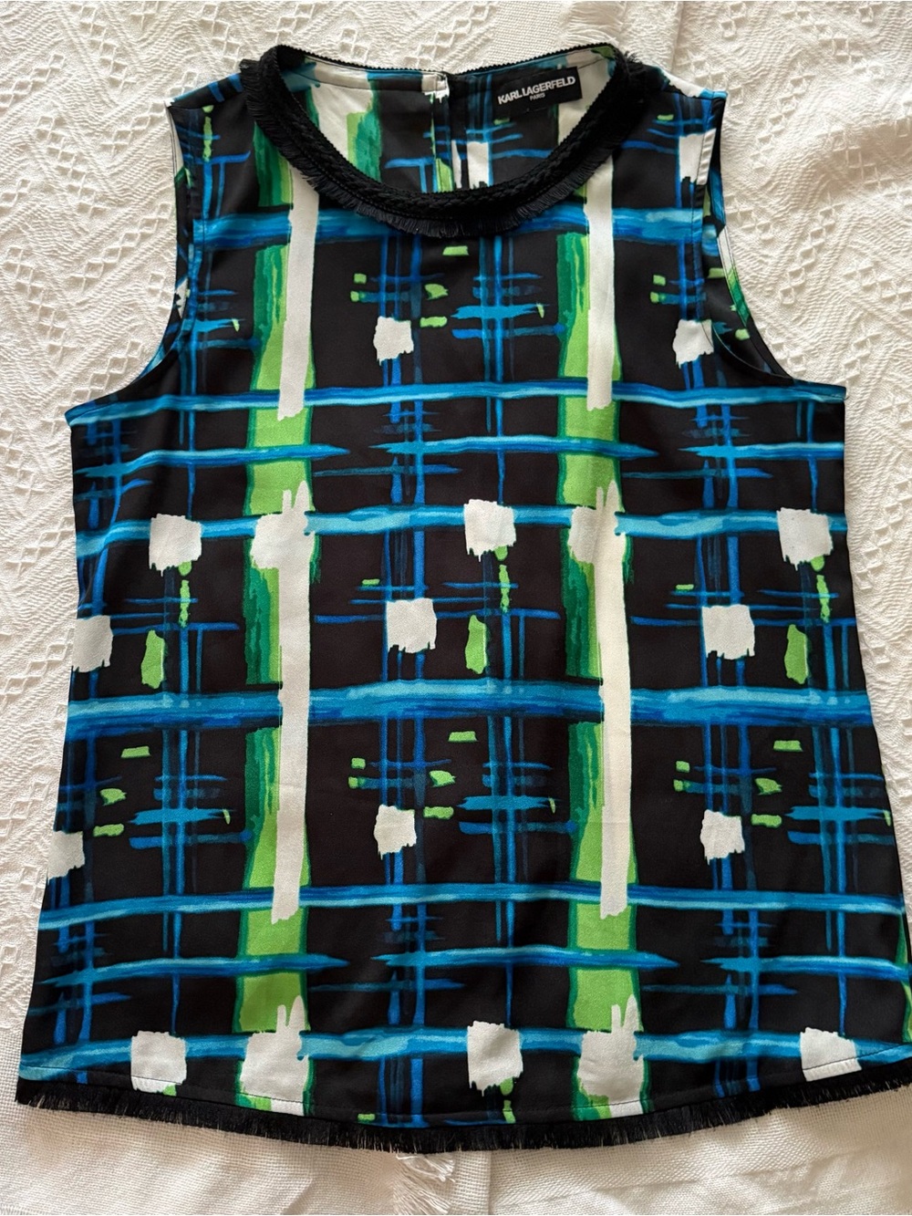Karl Lagerfeld Vibrant Geometric Watercolor Sleeveless Shell Tank Top, EUC